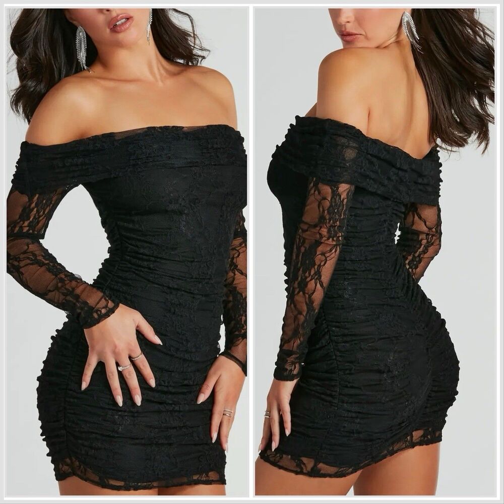Y2K Club Lace Bodycon Black Mini Dress Off the Shoulder Ruched Sheer Sleeve L